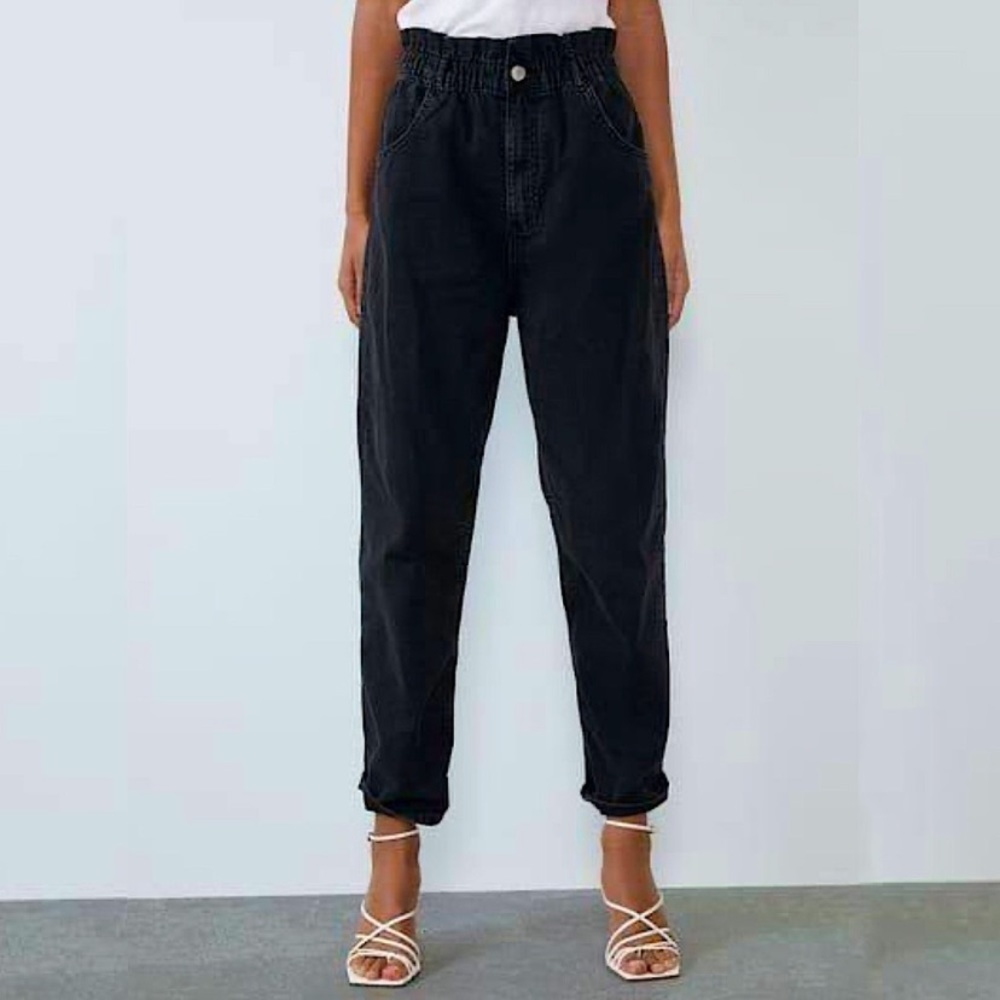 ZARA Black Paper Bag Stretch Waist Denim Jeans Size - Picture 3 of 8